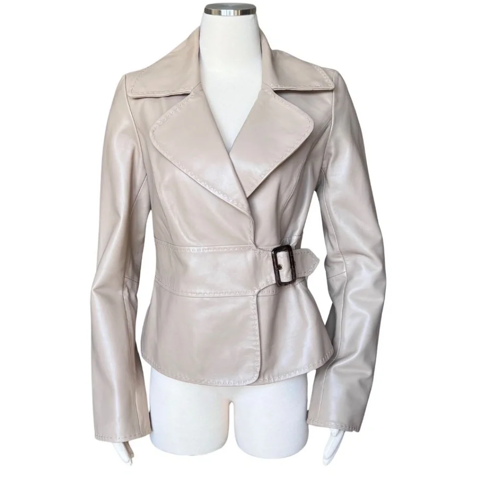 Cache Tan Leather Fitted Jacket W/Removable Fur Collar Size 10 NWT Rare Find!! - Picture 3 of 11